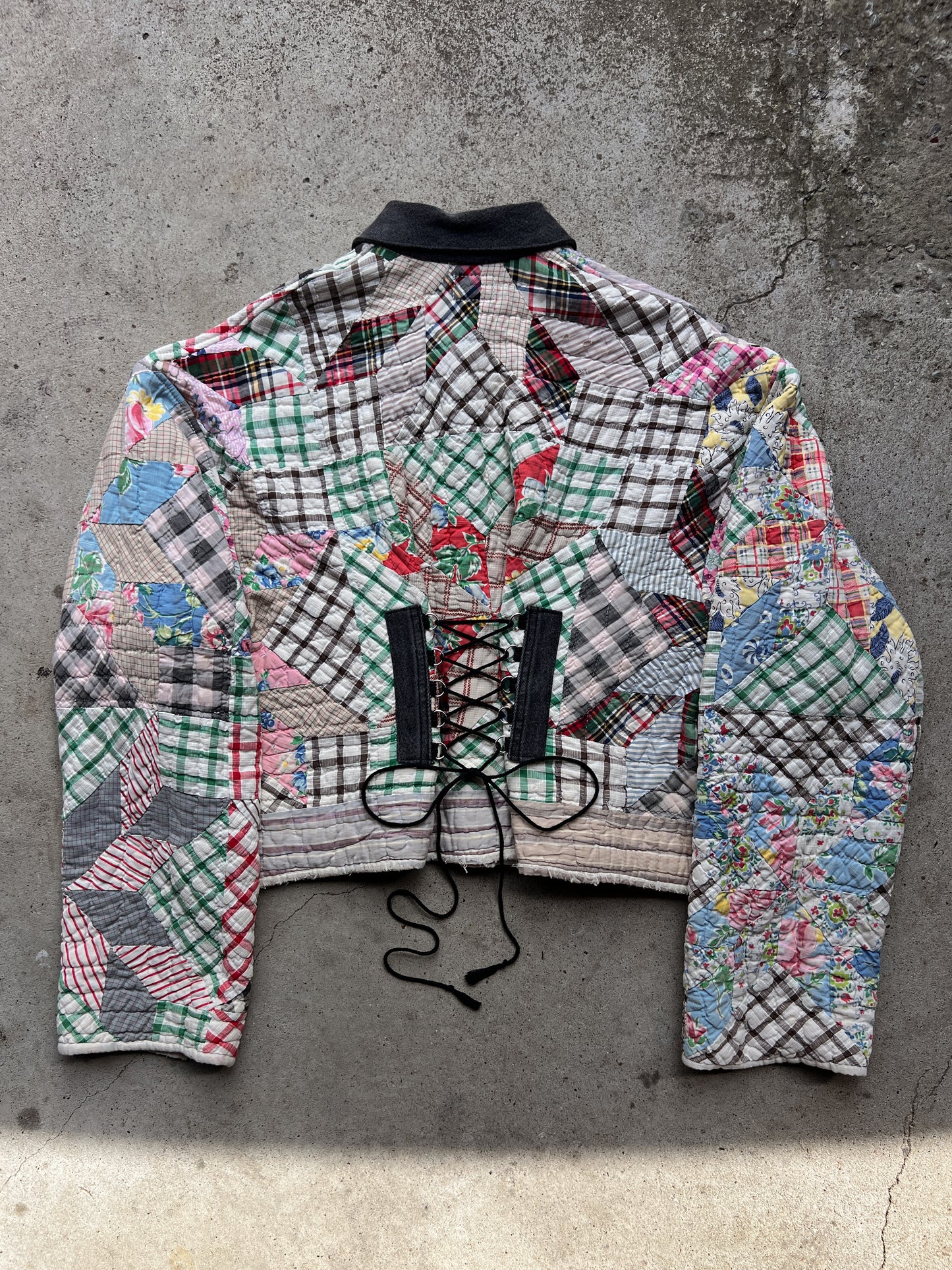 Black Denim Corset Back Quilt Jacket