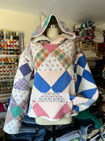 x marks the spot - Upcycled Quilt Hoodie